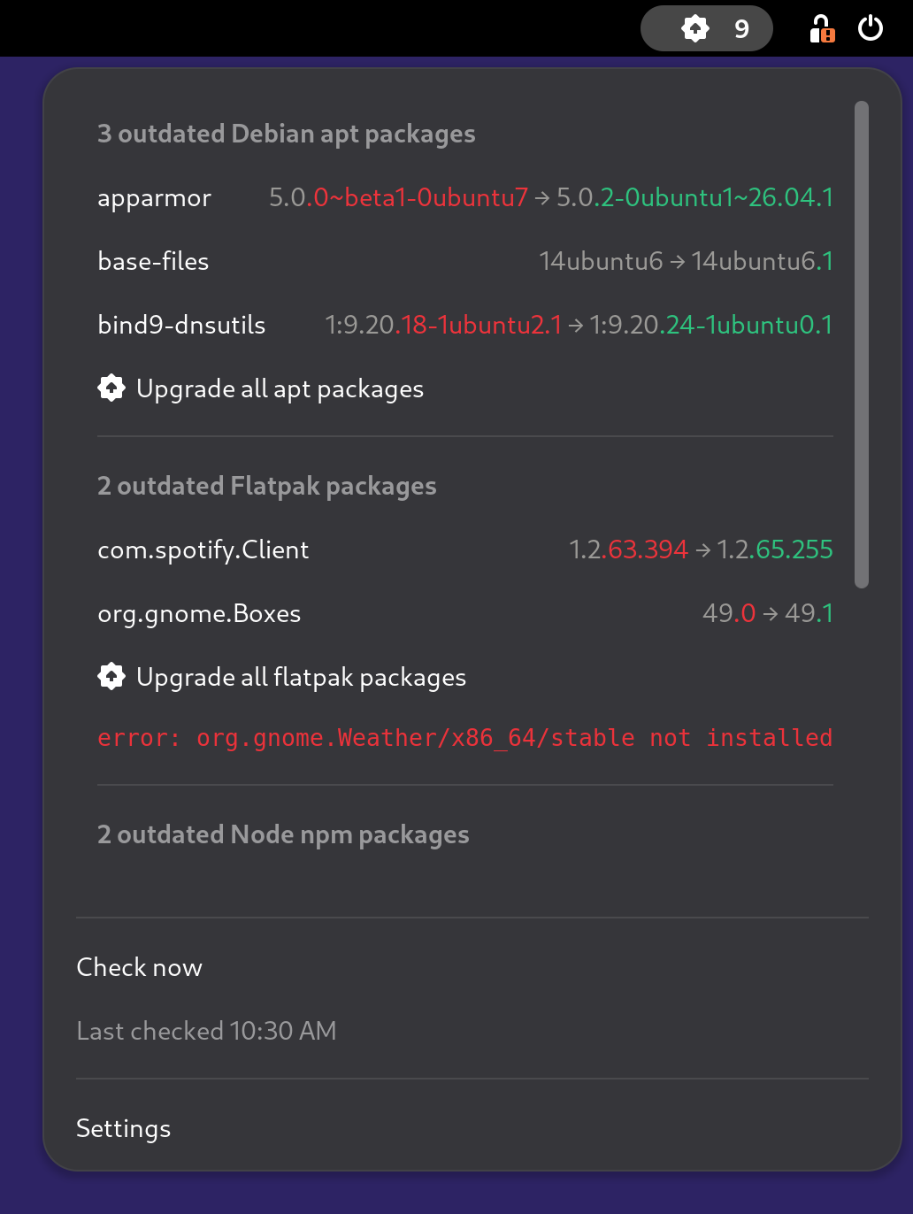 The extension's menu listing outdated packages inline, one header per package manager, with one manager's error shown in red, each version pair flush right in the menu font