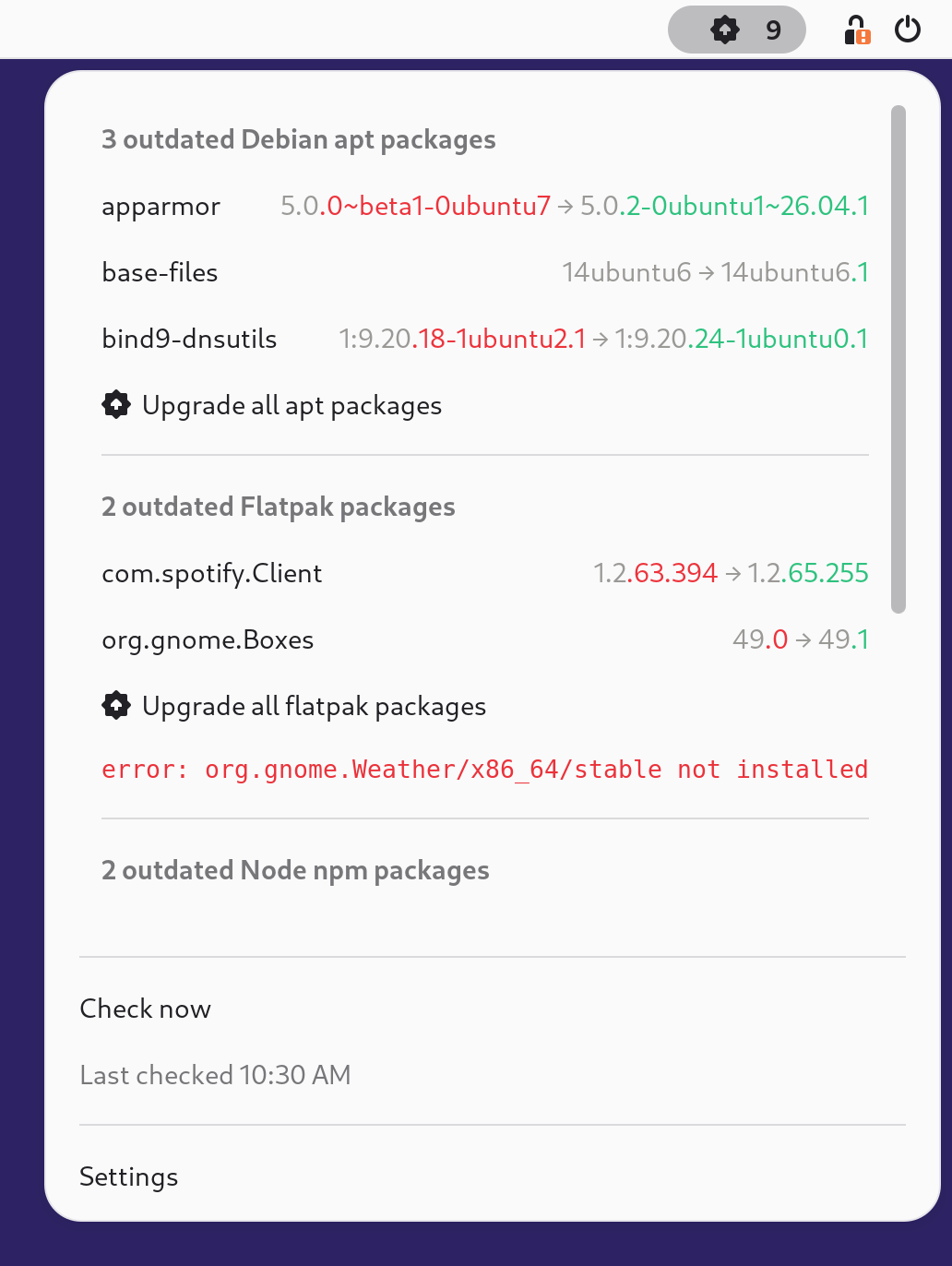 The extension's menu listing outdated packages inline, one header per package manager, with one manager's error shown in red, each version pair flush right in the menu font