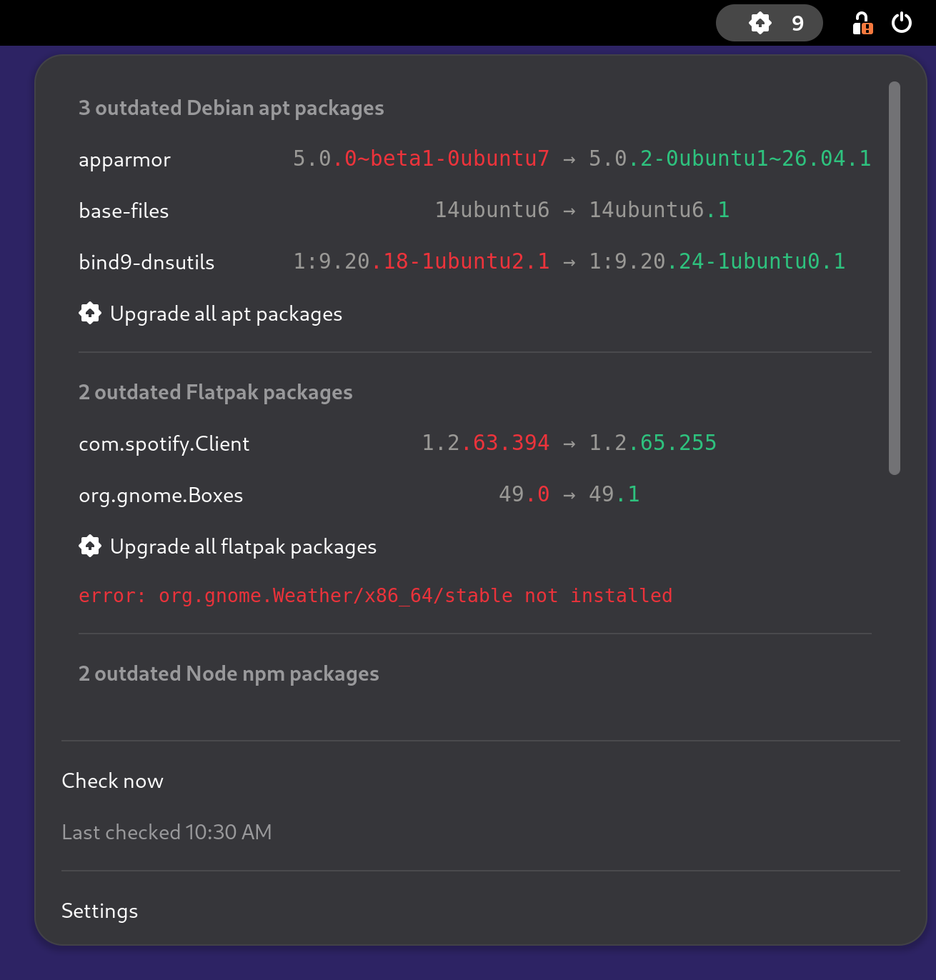 The extension's menu listing outdated packages inline, one header per package manager, with one manager's error shown in red, each version pair centered on its arrow in a monospaced font