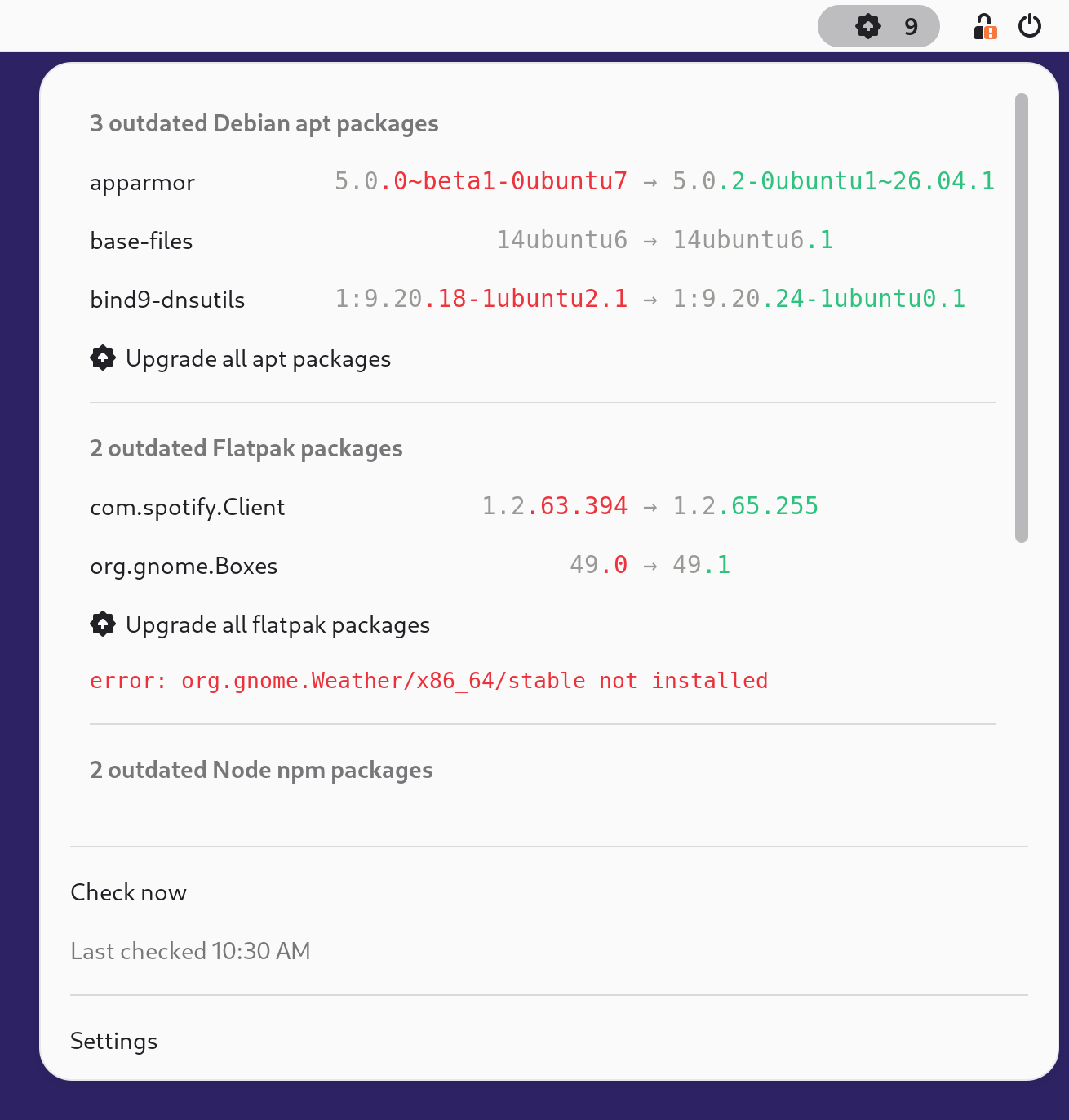 The extension's menu listing outdated packages inline, one header per package manager, with one manager's error shown in red, each version pair centered on its arrow in a monospaced font