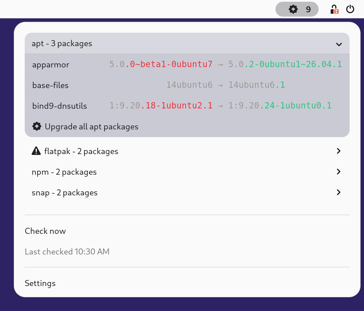 The extension's menu with one section per package manager, the first one unfolded, the failing one carrying a warning icon, each version pair centered on its arrow in a monospaced font